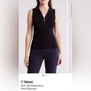 T Tahari Black Sleeveless Half-Zip Polo Sweater